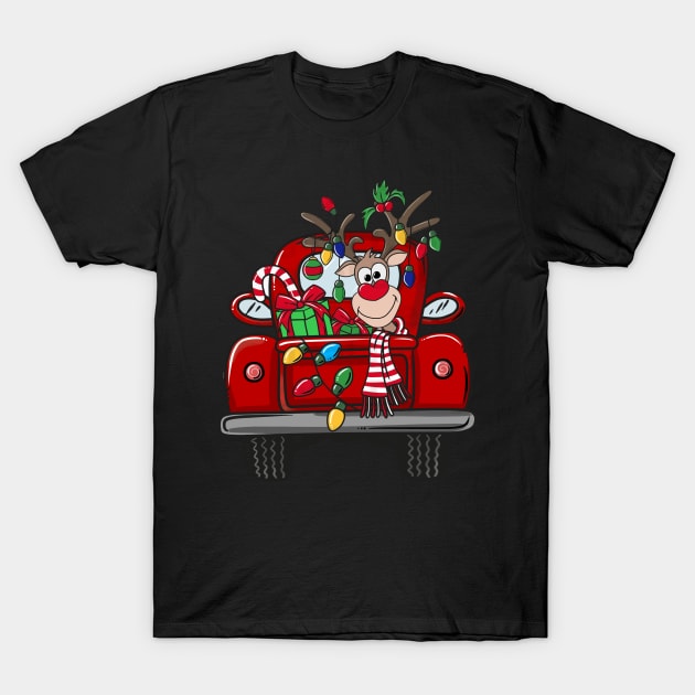 Santa and Rudolph Lighted Red Truck Christmas Yard Art 2 T-Shirt by Levandotxi